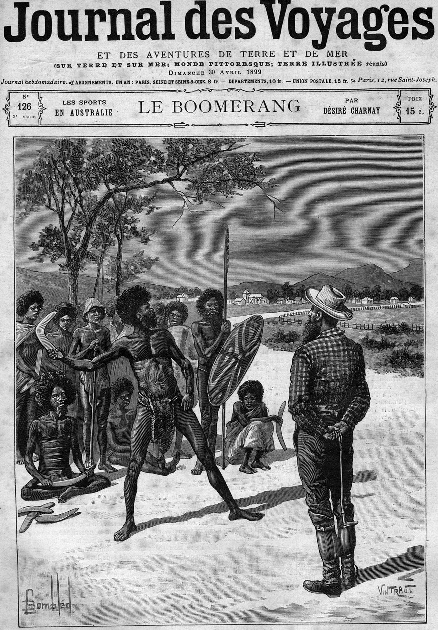 Aborigines i Australien ved hjælp af en boomerang, slutningen af det 19. århundrede. Indgravering i "" Journal des Voyages"" af 30. april af French School