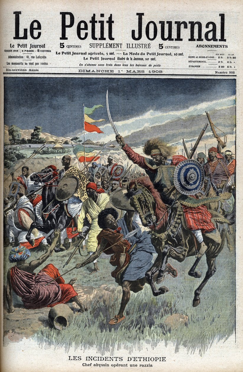Abessinisk høvding på et raid, Etiopien, marts 1908 (kristne abyssinere kæmper mod muslimske somaliere på grænsen mellem Etiopien og Somalia) fra Le Petit Journal (gravering) af French School