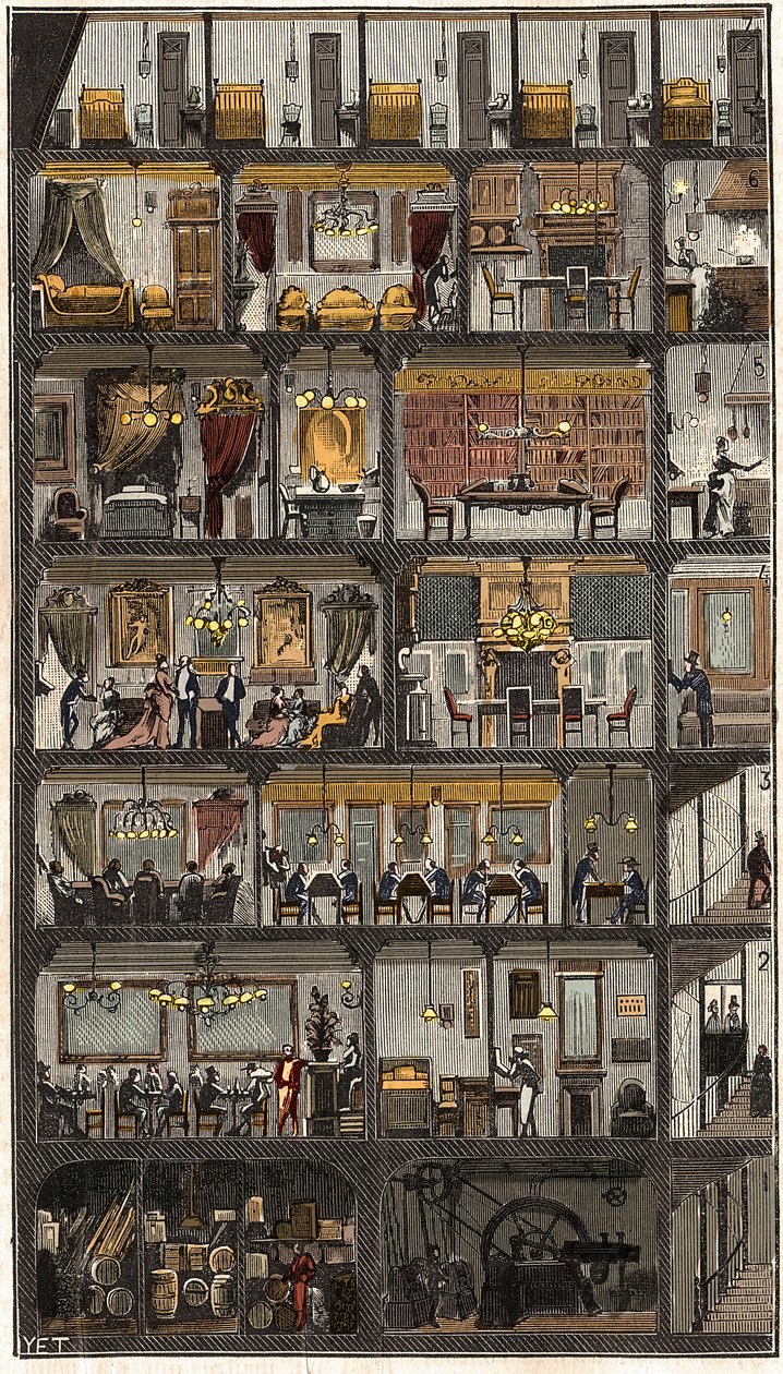 Indkvartering i Paris - Tværsnit af et parisisk hus 1885 - Tværsnit af et hus i Paris i 1885. i "" La Nature. Gennemgang af videnskaber og deres anvendelser til kunst og industri." af French School