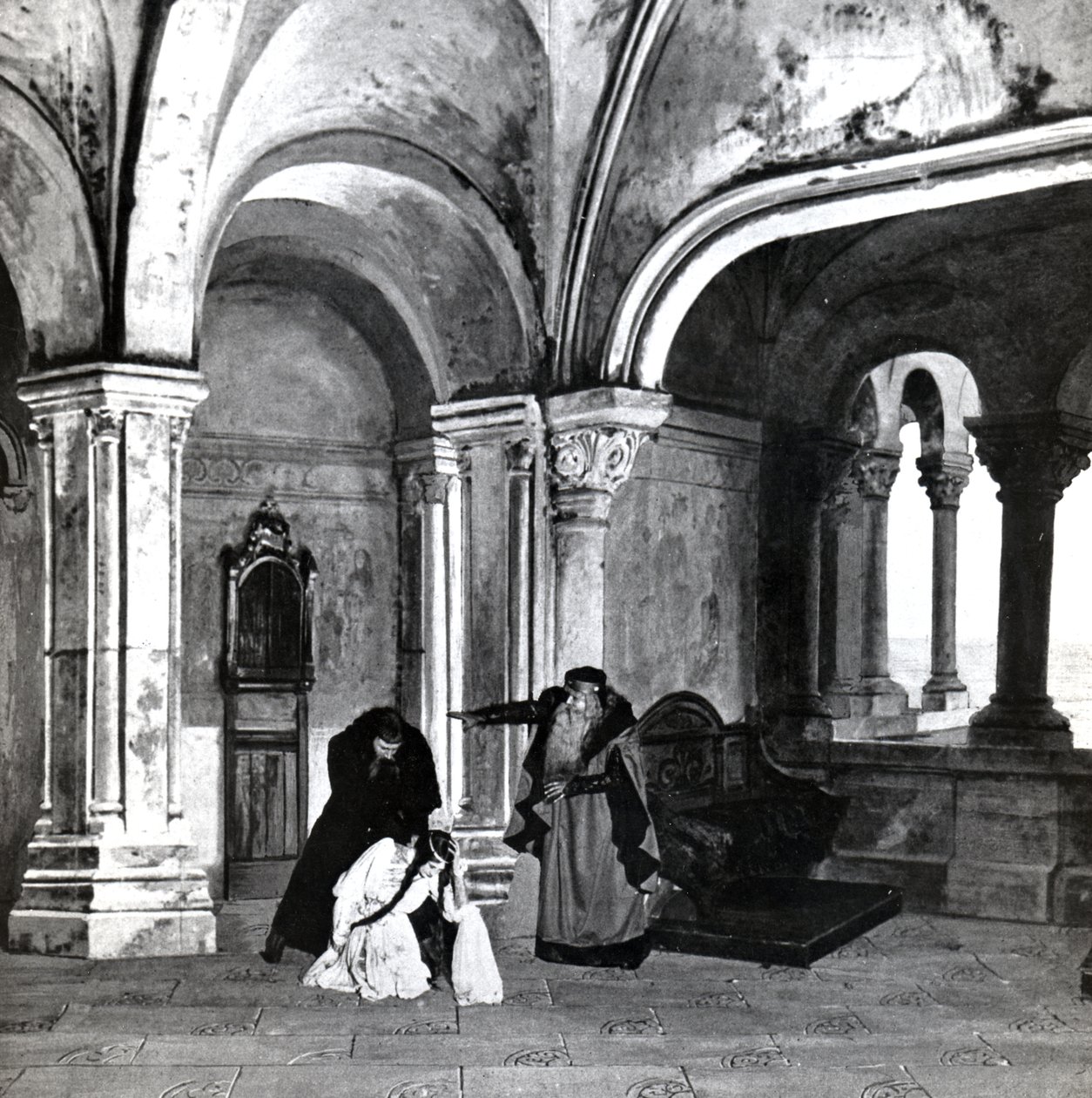 Akt IV, Scene 2 af Pelleas et Melisande af Debussy, fra et fotografi af den første produktion i april 1902 af operaen på Opera-Comique i Paris, illustration i Theatre magazine, juni 1902 (l af French School