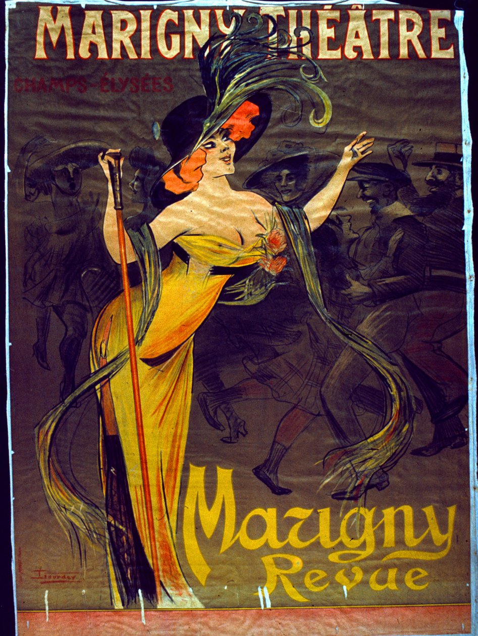 Annonce for Mazigny-revyen, der vises i Paris på Marigny-teatret (farve litho) af French School