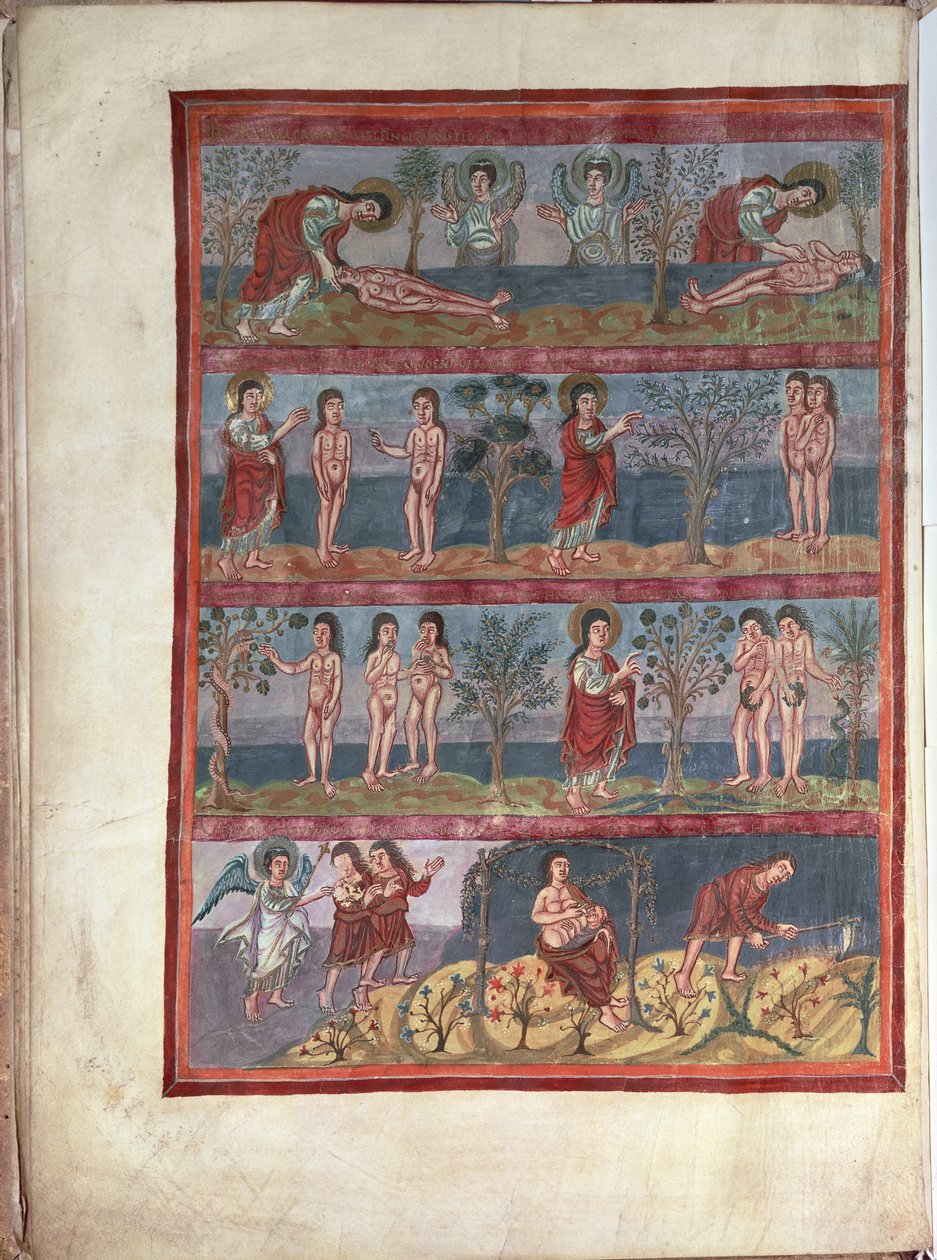 Add.10546 f.5v Adam og Eva, fra Moutier-Grandval Bibelen, belyst i den karolingiske kloster St. Martin, Tours, latin, c.834-843 (vellum) af French School