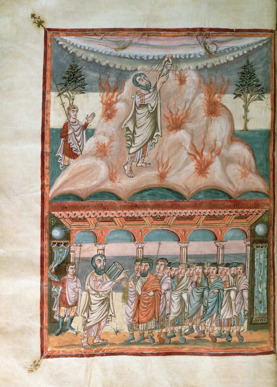 Tilføj 10546 f.25b Moses, der modtager og transmitterer Guds lov på Sinai-bjerget, fra Moutier-Grandval-bibelen, oplyst i det karolingiske kloster St. Martin, Tours, ca. 834-843 (vellum) af French School