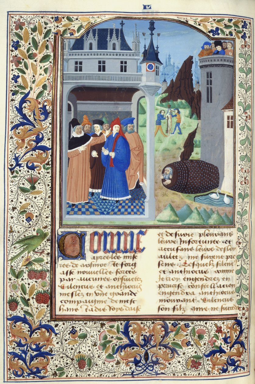 Tilføje. 11696, f.136v Boccaccio observerer tortur, fra 