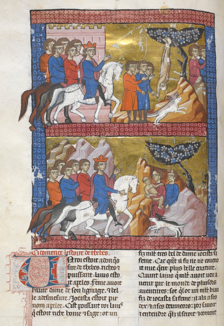 Tilføje. 15268, f.75v Ødipus, fundet af Polybus, konge af Korinth, illustration fra 