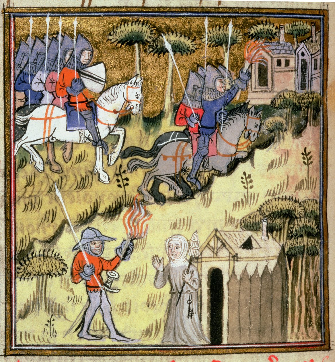 Tilføj 15269 f.178v kavaleriindstillingslys til bygninger med flammende fakler; en nonne beskytter sit kloster mod en soldat, ca. 1380 af French School