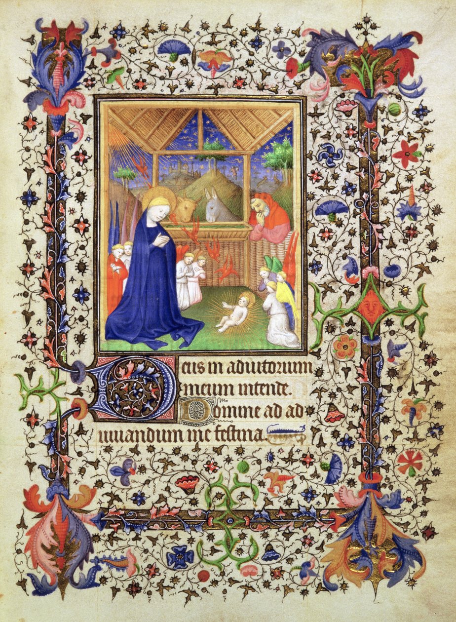 Tilføj 16997 f.57 Nativity, fra Chevalier Hourse, c.1420 (vellum) af French School