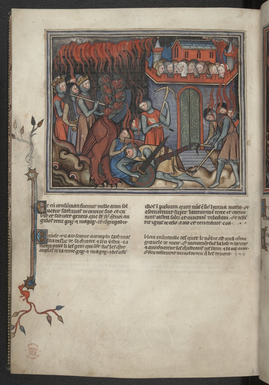 Tilføj 17333, f.42v, Miniature af himlens hære, der kæmper mod dragen (Åbenbaring XIX:19-20), fra Apocalypse (
