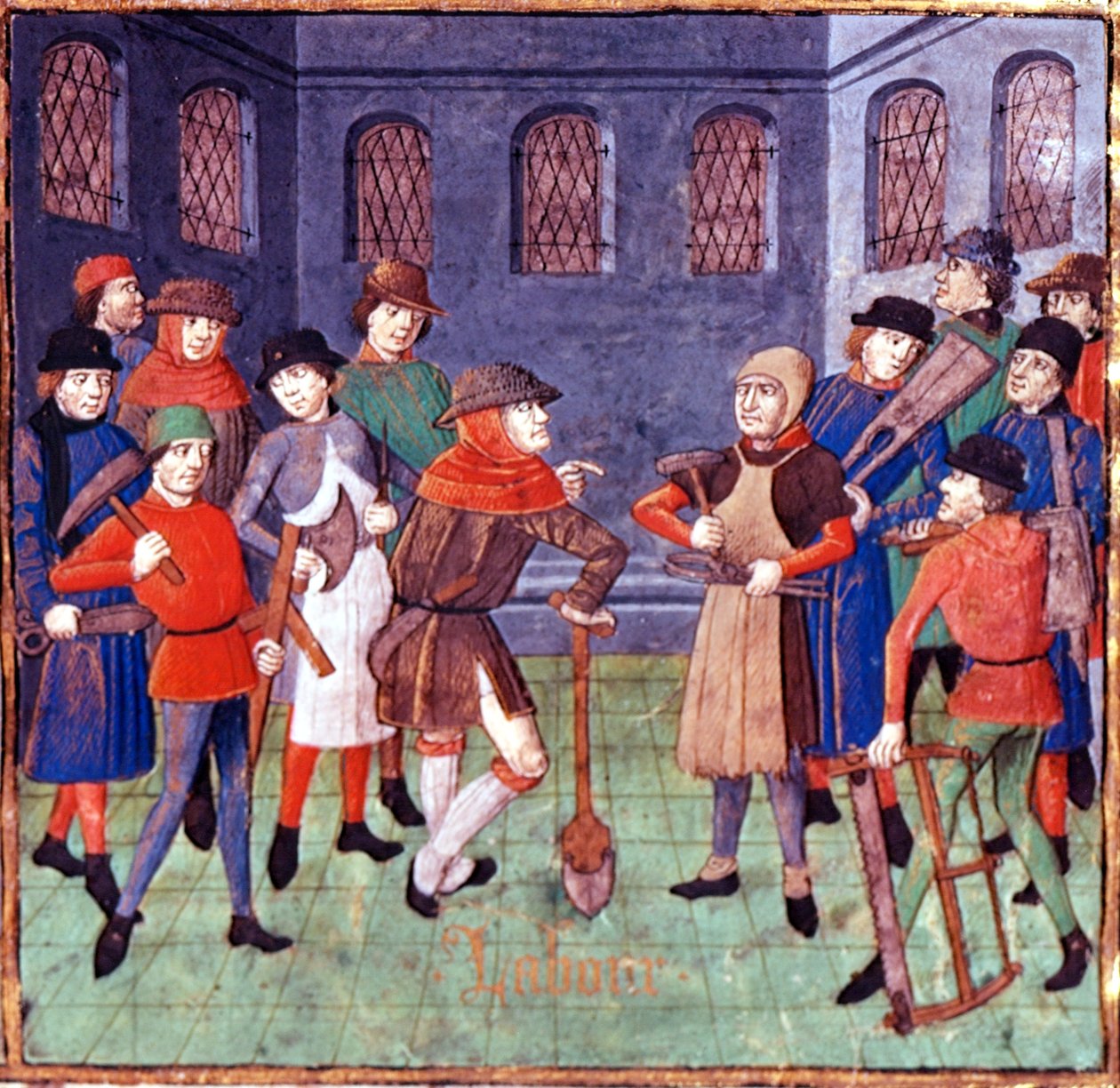 Tilføj 18750 fol.3 Workmen with tools, detaljer fra dedikationsprolog til Duc de Berry i 