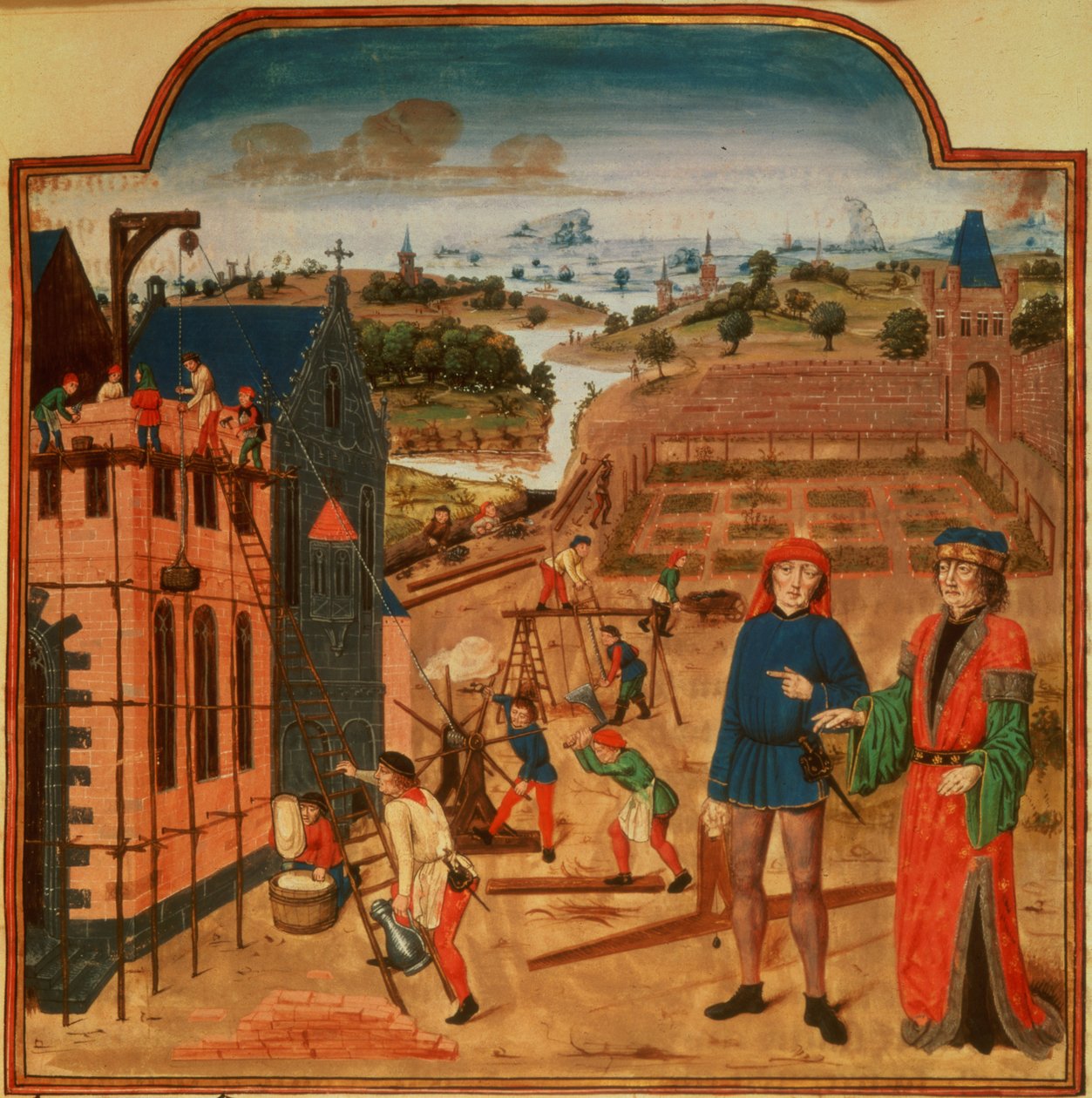Tilføj 19720 f.27 Opførelse af et havehus med formelle haver og landskab i baggrunden, fra Livre des Prouffits Champetres et Ruraulx af Pietro de Crescenzi (1230-1320/1) (vellum) af French School