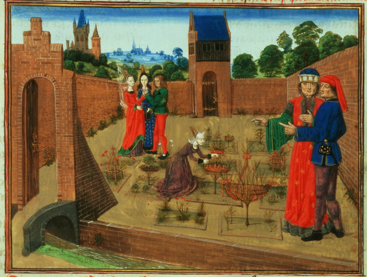Tilføj 19720 fol.214 Muret have med en kvinde, der dyrker havearbejde og andre, der sladrer, fra Livre des Prouffits Champetres et Ruraulx af Pietro de Crescenzi (1230-1320) (vellum) af French School