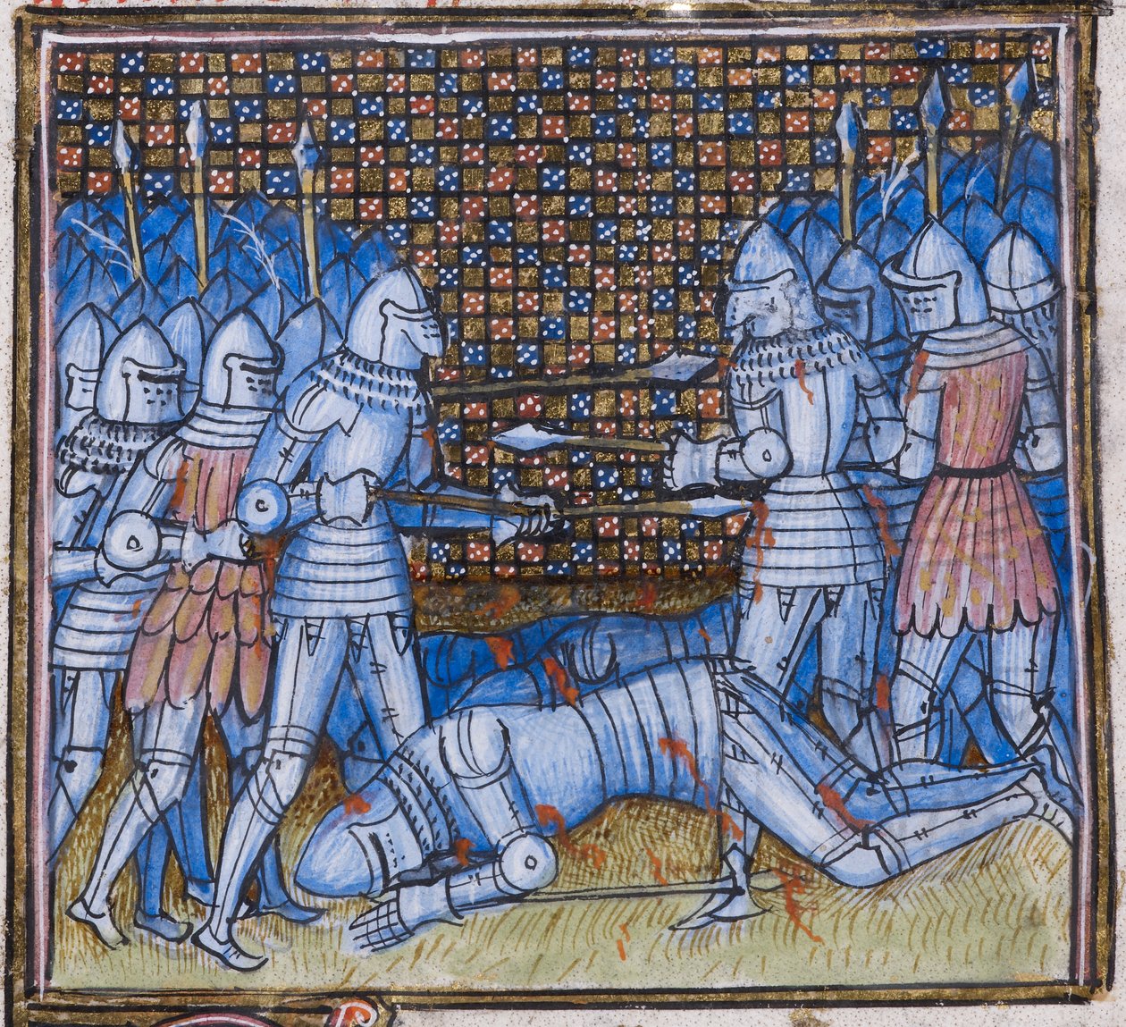 Tilføje. 38659 fol.170 Sir John Chandos død. Et middelalderslag, belysning fra 