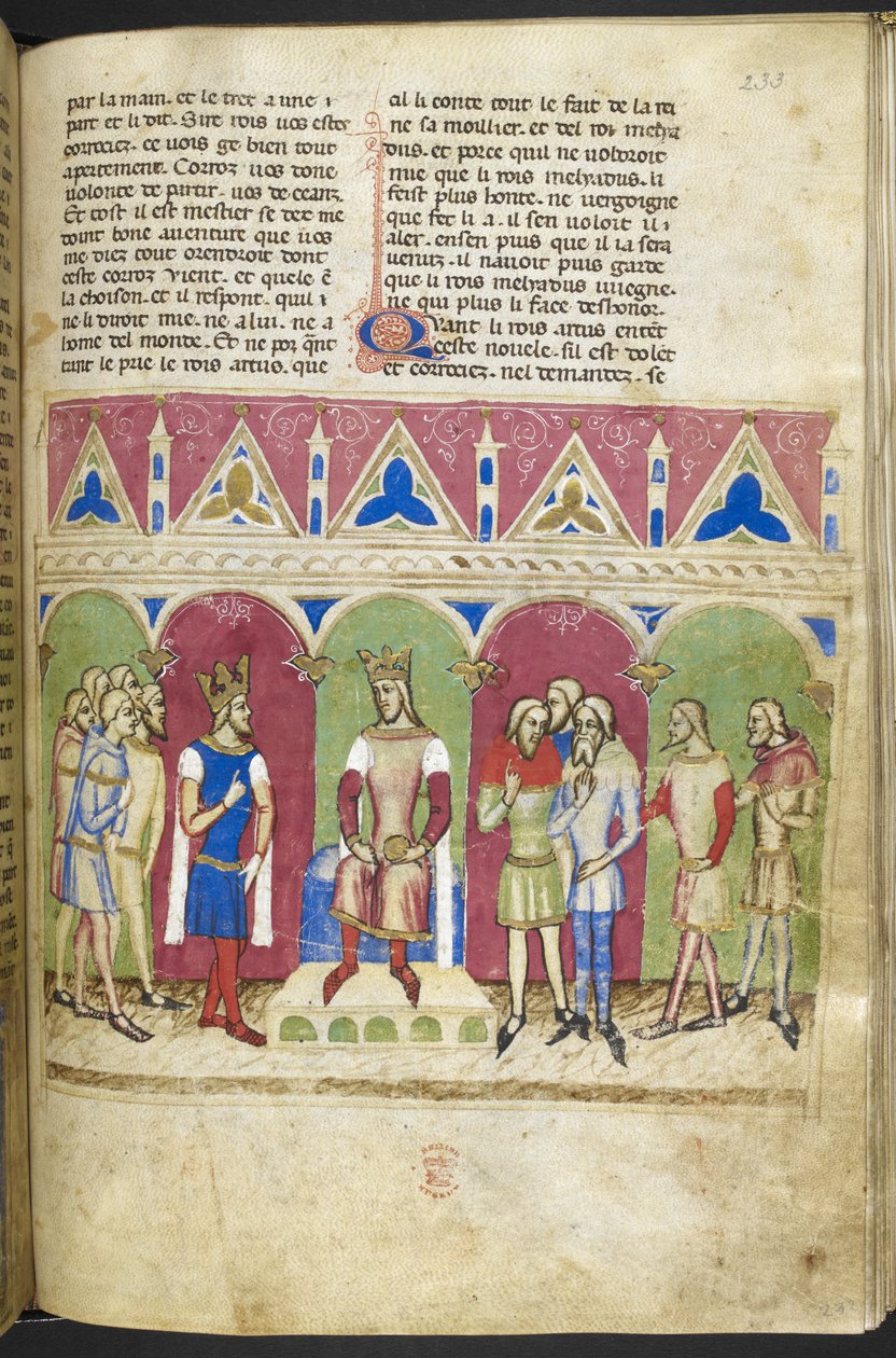 Tilføje. MS 12228, f.223, Roman du Roy Meliadus de Leonnoys, c.1352 (pergament) af French School