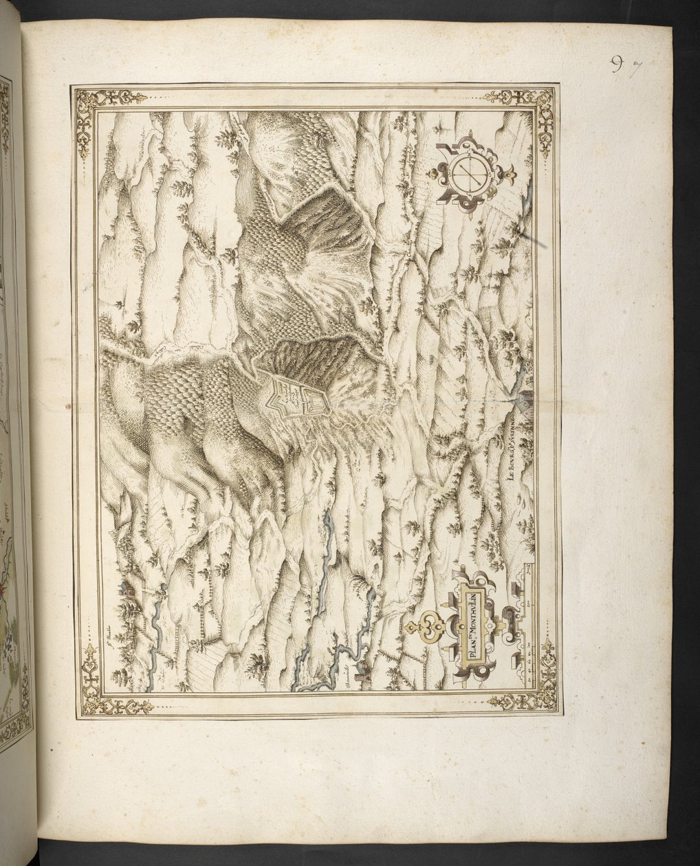 Tilføj MS 21117 f.7r Le Monthullin, Frankrig, fra "Maps, plans and views, of towns and fortresses in France" af François Martilleur for Maximilien de Béthune af French School