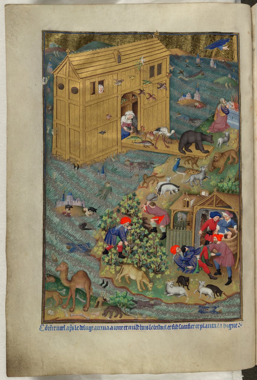 Tilføj Ms 18850 f.16v, The exit from the Ark, fra Book of Hours (The Bedford Hours) c.1410-30 (blæk, farve og guld på vellum) af French School