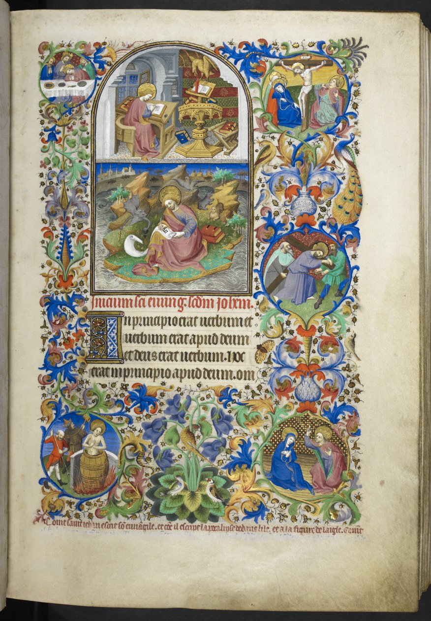 Tilføj Ms 18850 f.19r evangeliske uddrag, herunder uddrag fra Johannes, Lukas, Matthæus og Markus, fra Book of Hours (The Bedford Hours) c.1410-30 (blæk, farve og guld på vellum) af French School