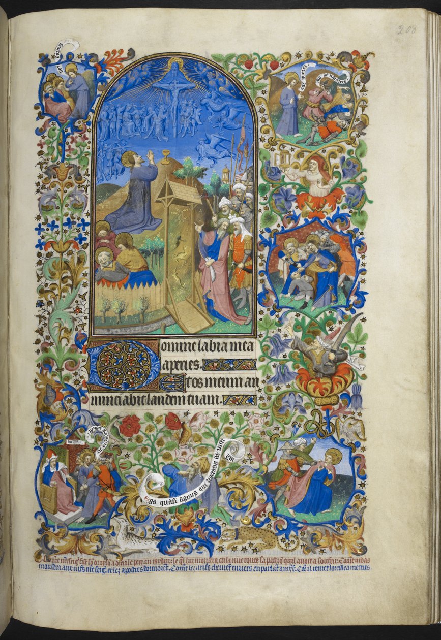 Tilføj Ms 18850 f.208r, Hours of the Passion: Agony in the Garden, med yderligere scener i kanten, fra Book of Hours (The Bedford Hours) c.1410-30 (blæk, farve og guld på vellum) af French School