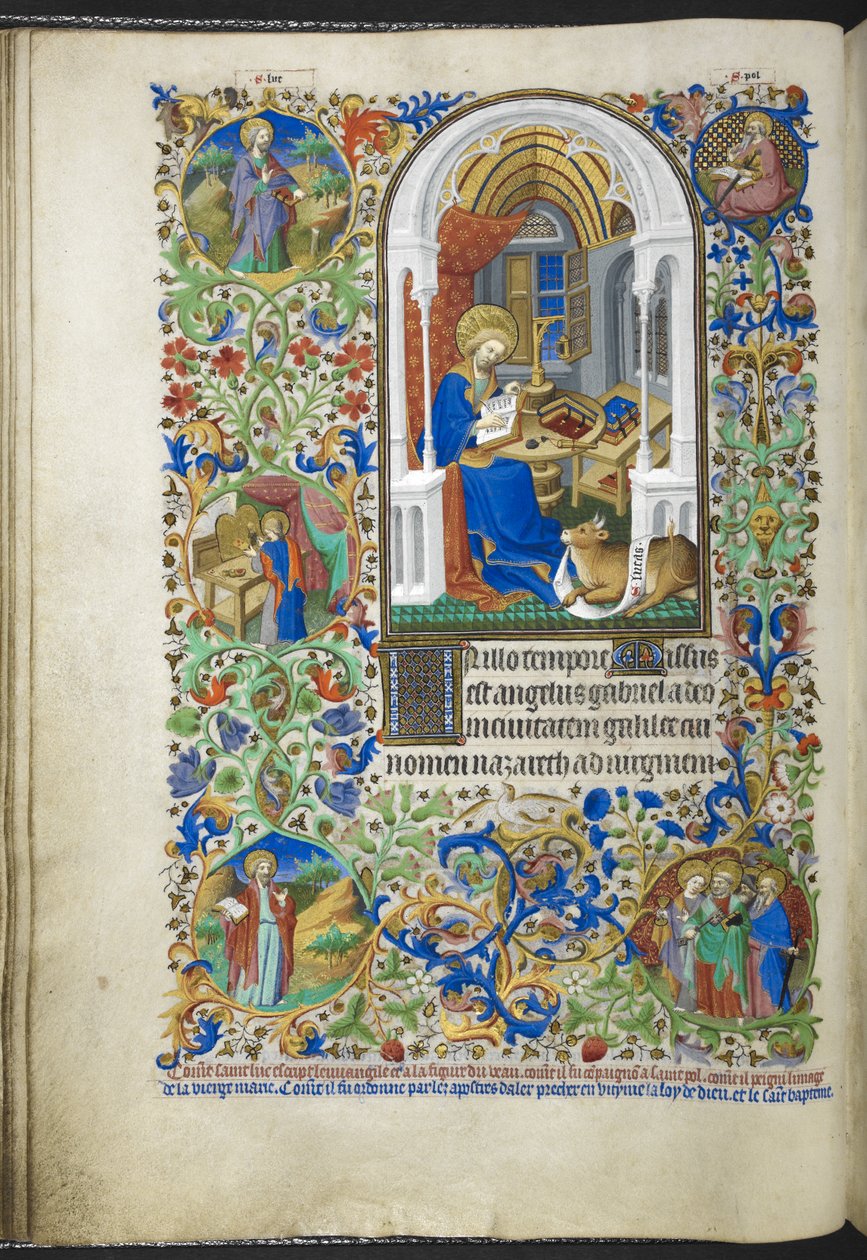 Tilføj Ms 18850 f.20v Luke the Evangelist, fra Book of Hours (The Bedford Hours) c.1410-30 (blæk, farve og guld på vellum) af French School