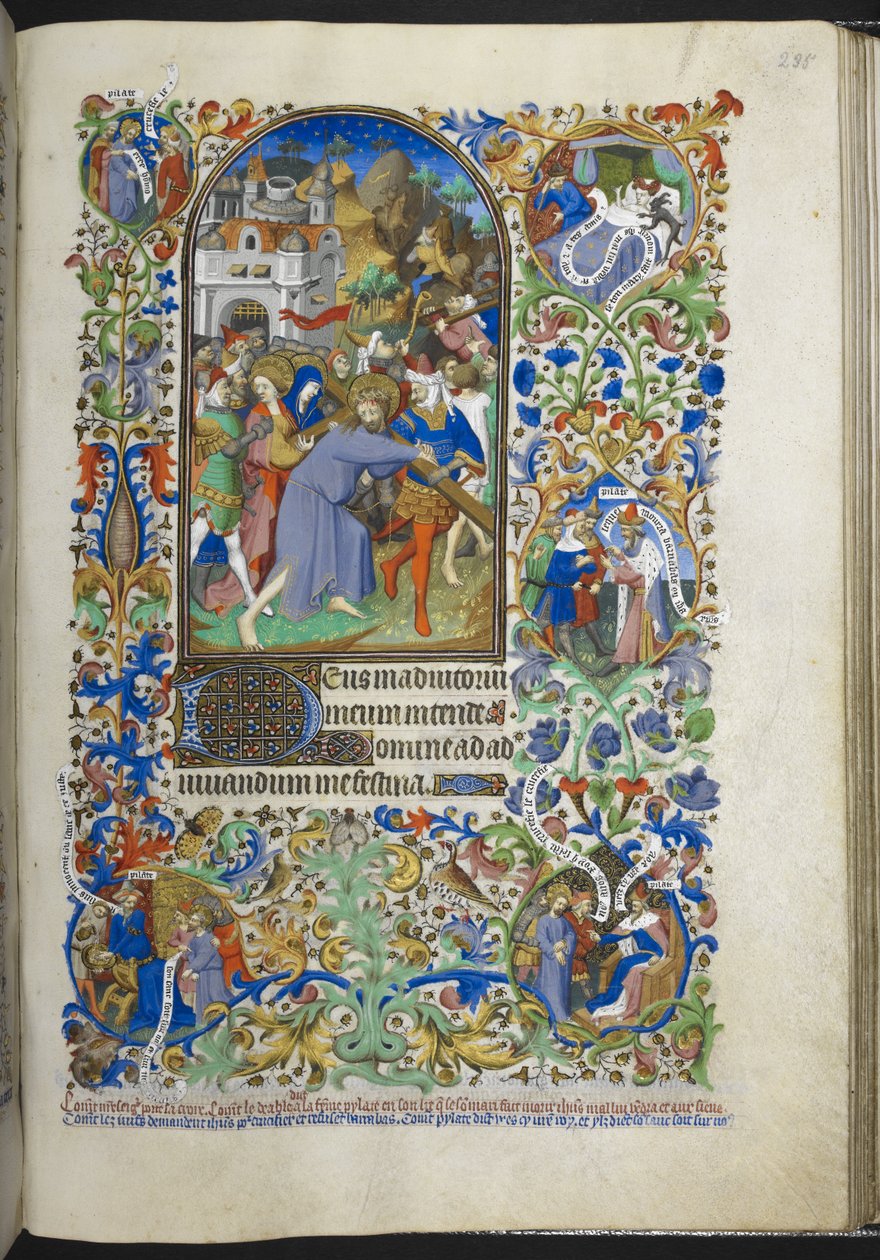Tilføj Ms 18850 f.235r, Hours of the Passion [Sext], Kristus bærer korset, fra Book of Hours (The Bedford Hours) c.1410-30 (blæk, farve og guld på vellum) af French School