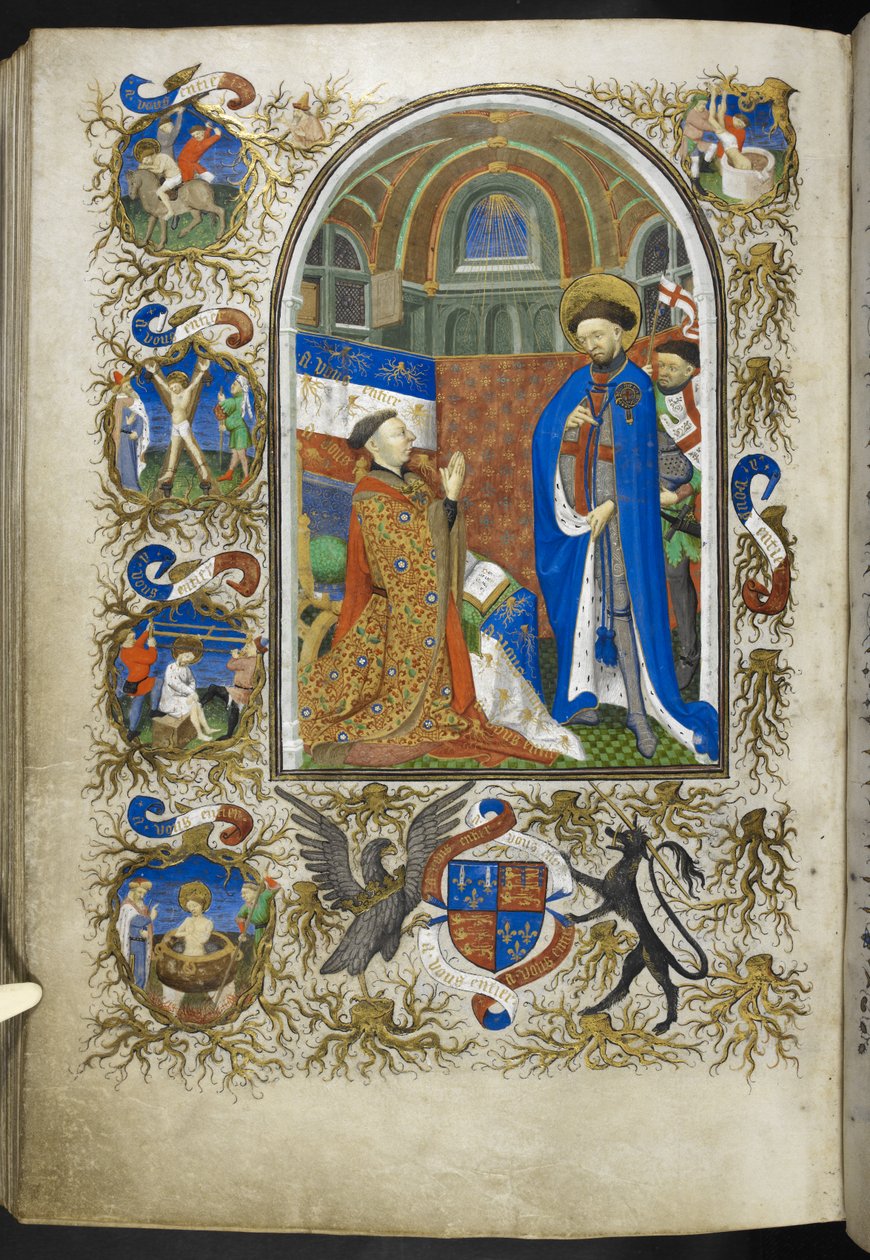 Tilføj Ms 18850 f.256v, Duke of Bedford before St George, fra Book of Hours (The Bedford Hours) c.1410-30 (blæk, farve og guld på vellum) af French School