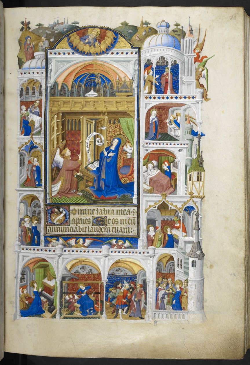 Tilføj Ms 18850 f.32r, The Annunciation, fra Book of Hours (The Bedford Hours) c.1410-30 (blæk, farve og guld på vellum) af French School