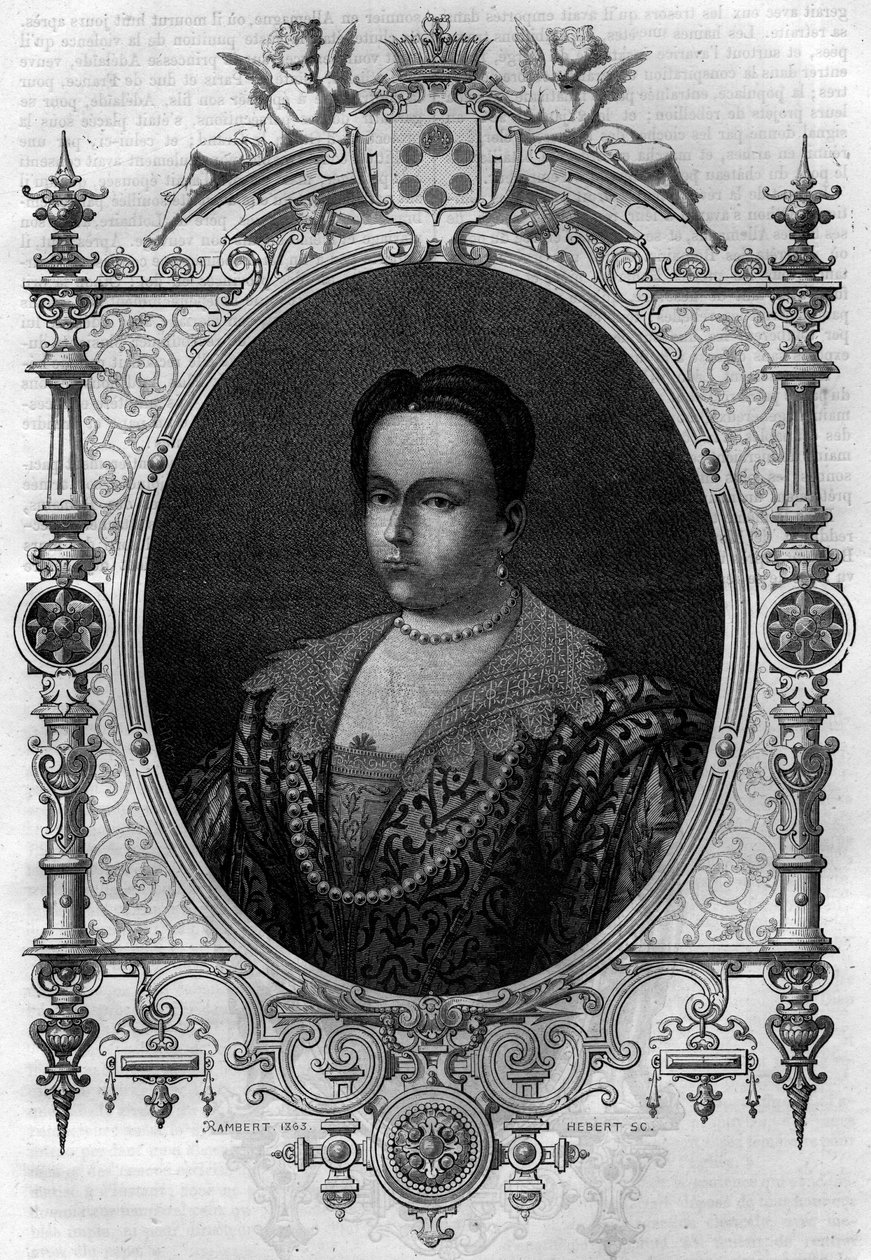 Adelaide af Bourgogne (931-999), enke af Lothaire (greve af Paris og hertug af Frankrig) og anden hustru til Othon I den Store. Indgravering i "Histoire des Papes-Rois-Queen and Empereurs a travers les centuries"" af Maurice Lachatre af French School