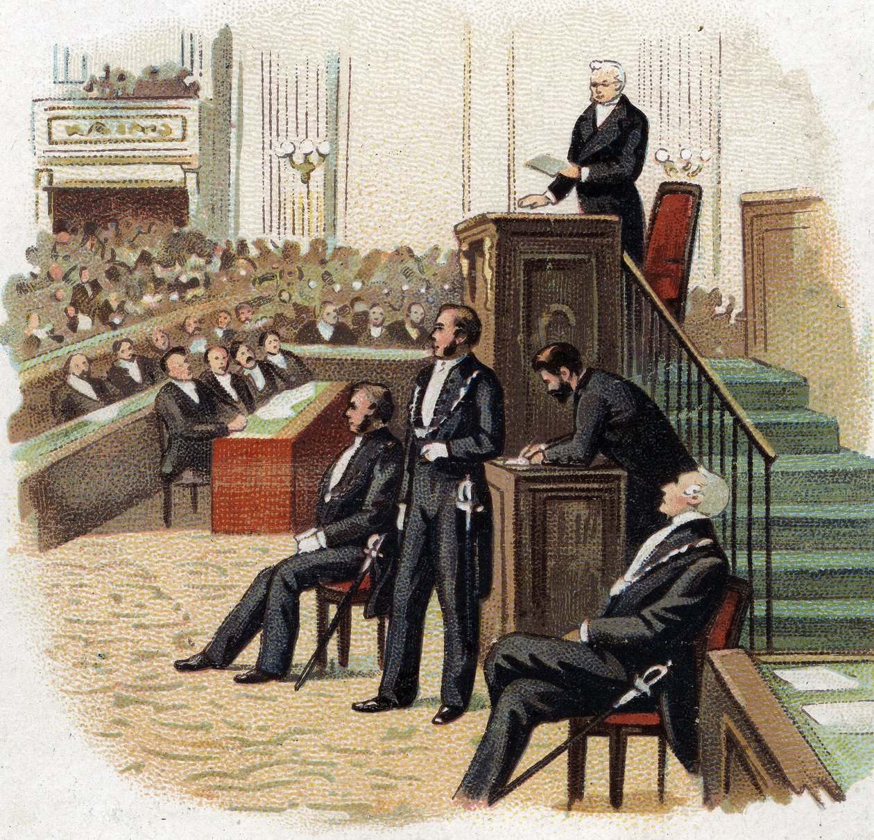 Adolphe Thiers (1797-1877), republikkens præsident ved talerstolen i nationalforsamlingen i 1872 - Chromolithography (Chromo) fra begyndelsen af det 20. århundrede. af French School