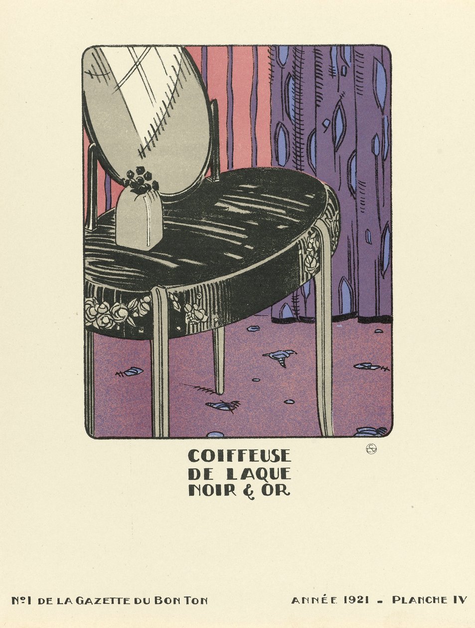 Annonce for "Coiffeuse de Laque Noir  Or", pub.1921 (stenciltryk) af French School