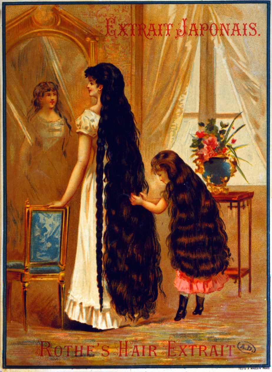 Annonce for Extrait Japonais, et frisørprodukt, der fremmer hårvækst, 1895 af French School