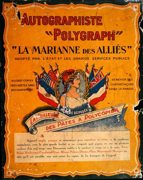 Annonce for en kopimaskine på tidspunktet for Første Verdenskrig (farve litho) af French School