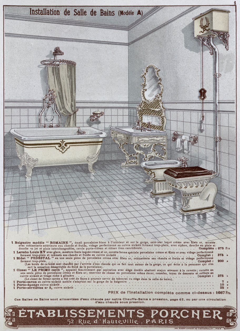 Annonce for badeværelser fremstillet af Etablissements Porcner, 1899 af French School