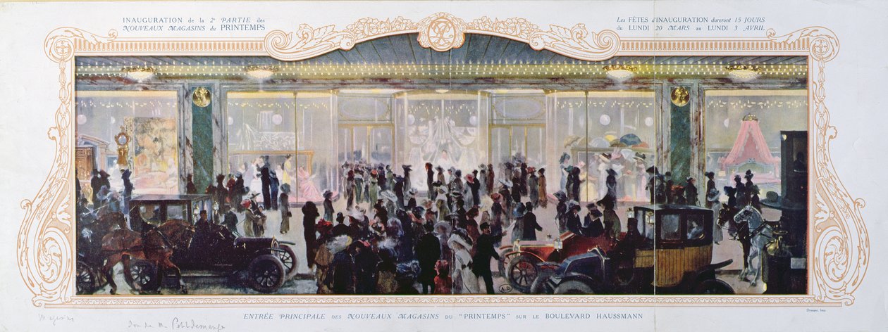 Annonce for åbning af nye bygninger i det parisiske stormagasin Printemps, 1910 af French School
