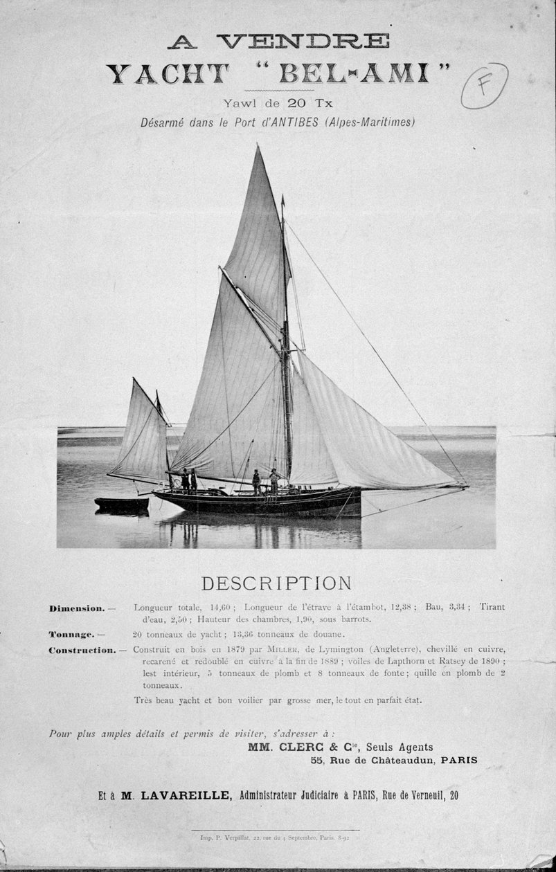 Annonce for salg af Guy de Maupassants Yacht Bel-Ami af French School