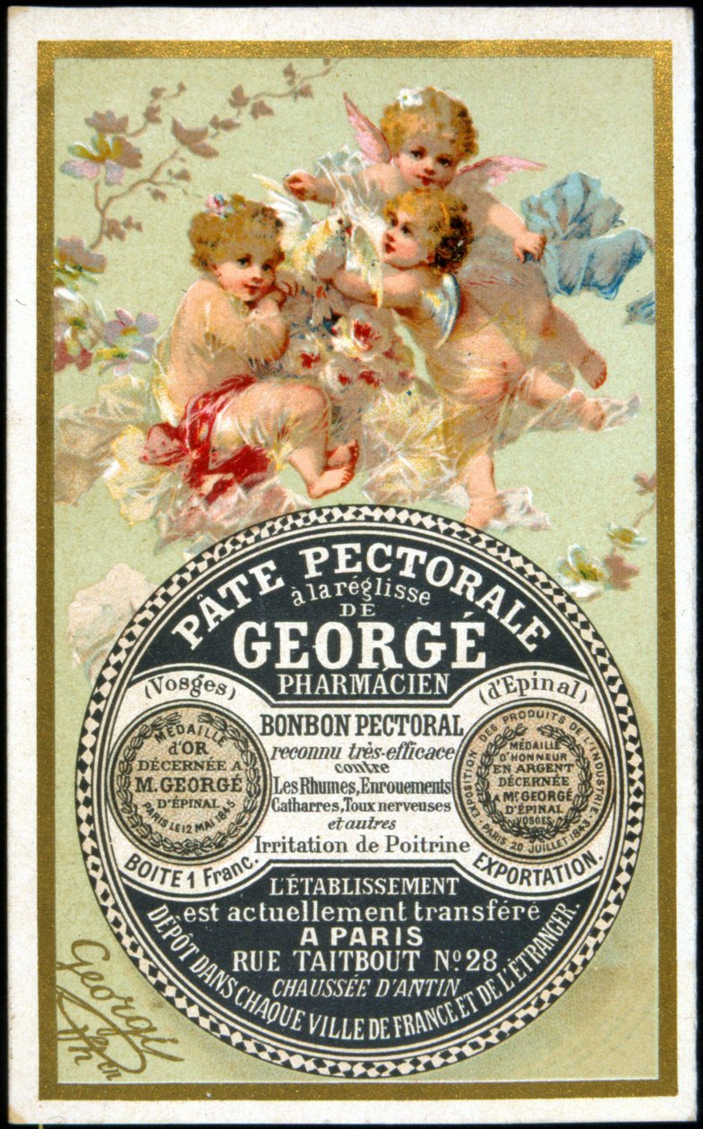 Reklamekort for brystpastaen med lakrids af Georgé Pharmacien. sd. 19. århundrede. af French School