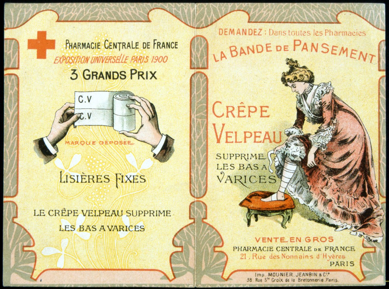 Reklamekort med "" Velpeau Crepe Dressing Band fjerner varicose strømper"". Sd. 19. århundrede. af French School