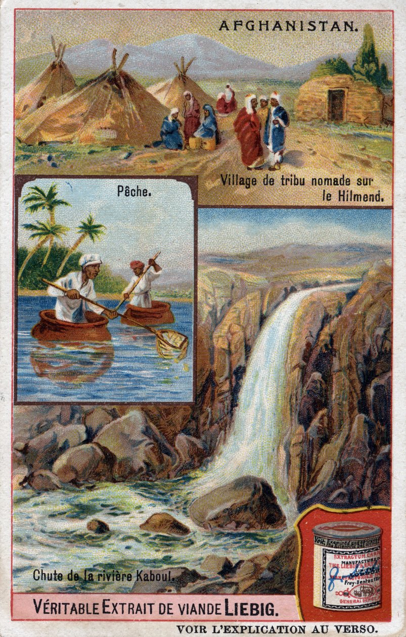 Reklamekort, der viser en nomadisk stammelandsby ved Hilmend, fiskere og Kabul-flodens fald i Afghanistan. Kromolitografi af det 19. århundrede. af French School