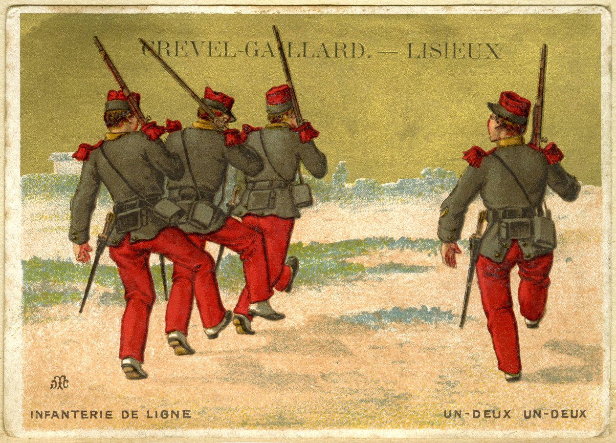 Annoncekromolitografi af Grevel-Gaillard, Lisieux, online infanteri, en to, en to (kromolitografi) af French School
