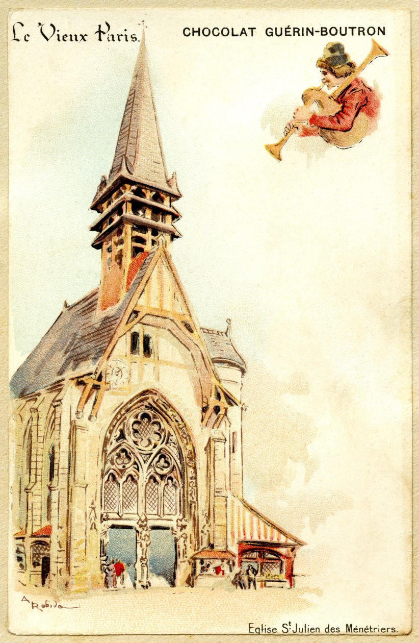 Reklamekromolitografi af Guerin Boutron-chokolader, LE VIEUX PARIS, Saint Julien des Menetriers kirke af French School