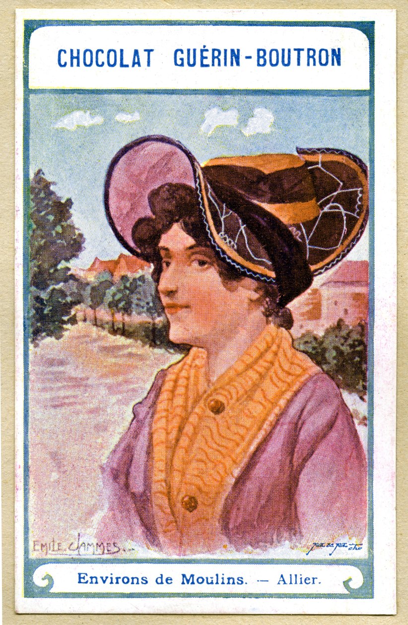 Reklamekromolitografi af chokolade Guerin Boutron, hovedbeklædningen i regionerne i Frankrig, omgivelserne i Moulins, Allier, illustration Emile Jammes (kromolitografi) af French School