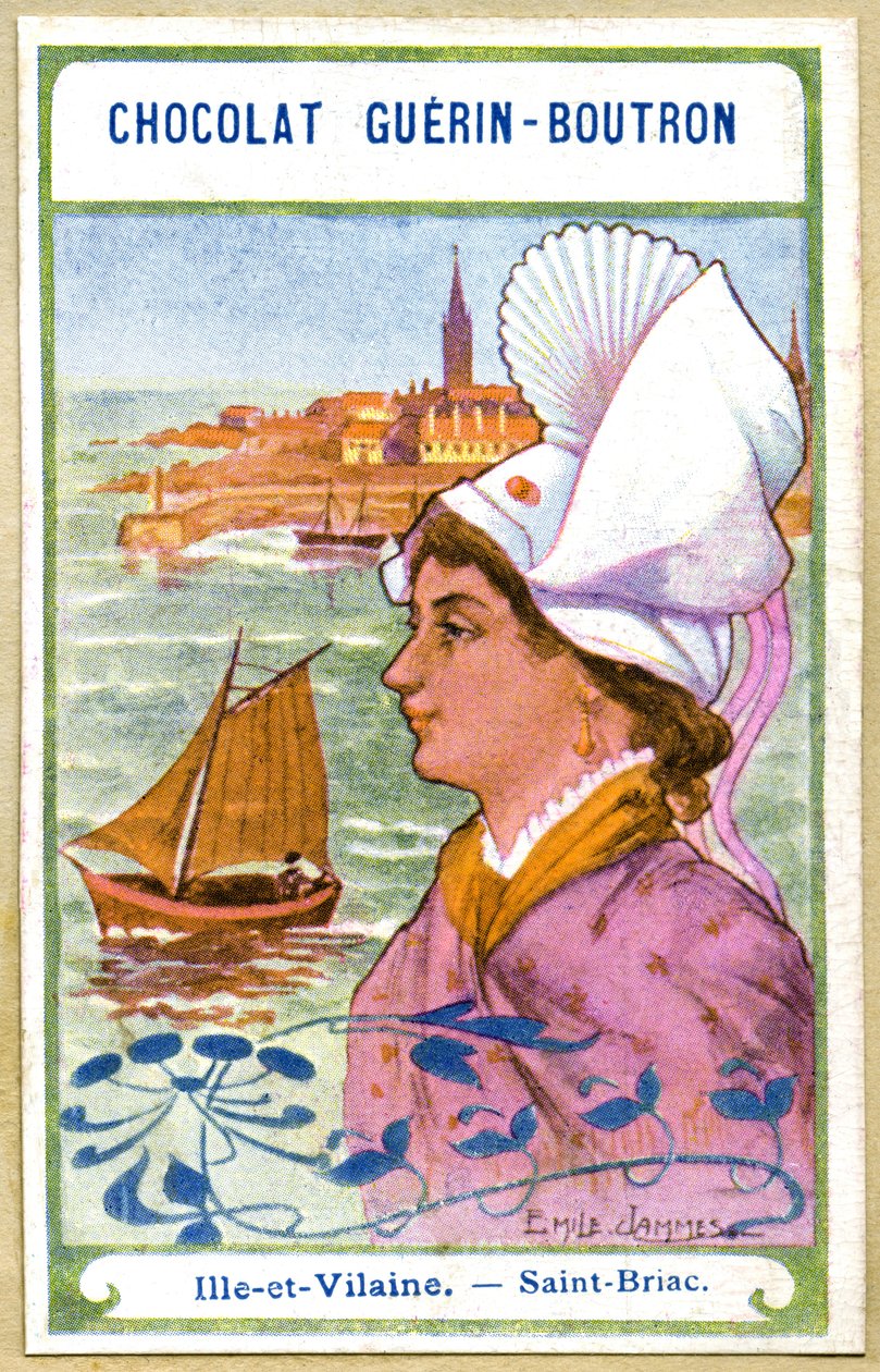 Reklamekromolitografi af chokolade Guerin Boutron, hovedbeklædningen i regionerne i Frankrig, Ille et Vilaine, Saint Briac, illustration Emile Jammes (kromolitografi) af French School