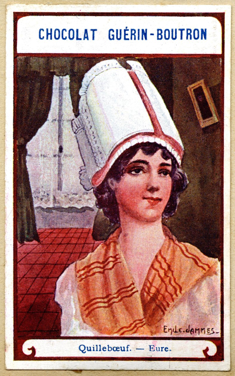 Reklamekromolitografi af chokolade Guerin Boutron, hovedbeklædningen i regionerne i Frankrig, Quillebœuf, Eure, illustration Emile Jammes (kromolitografi) af French School