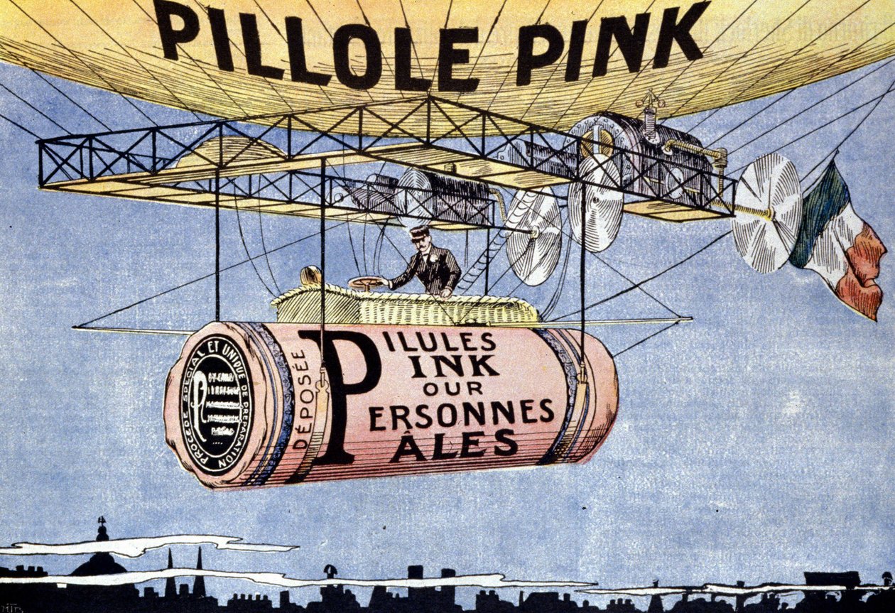 Annoncering for lyserøde piller: mirakelpiller til blege og svækkede mennesker. De regenererer blod og toner nerverne. 1904 ca. af French School