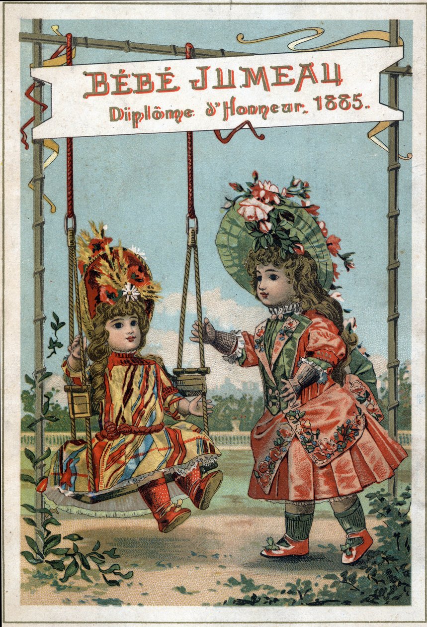 Annoncering for tvillingedukker i 1885 af tvillingehuset. (Verdens første fremstilling til fremstilling af Beaux Bebes). af French School