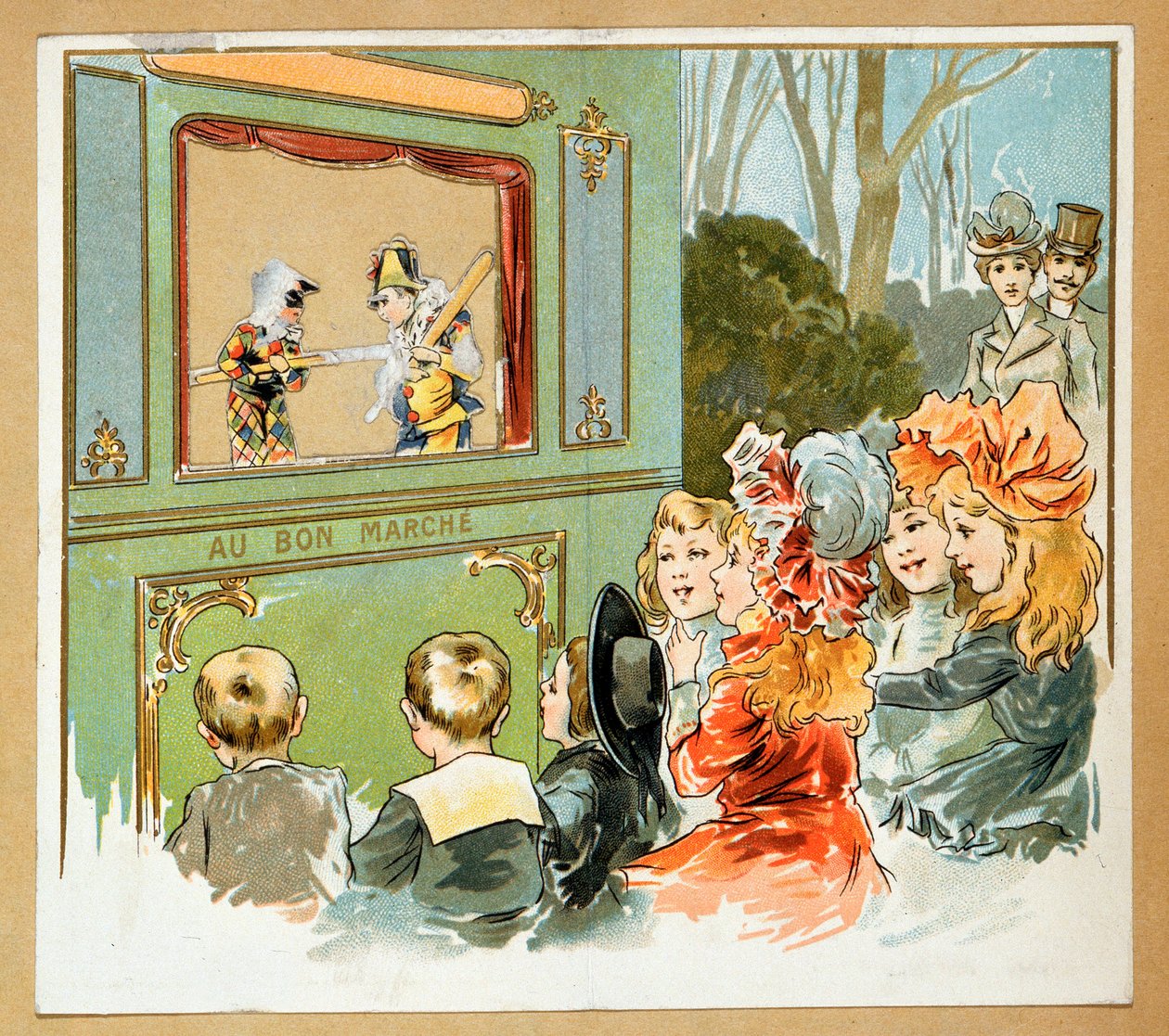 Reklame for stormagasinet "Le Bon marche", der forestiller en gruppe børn, som ser en forestilling med kusser, 20. århundrede (litografi) af French School