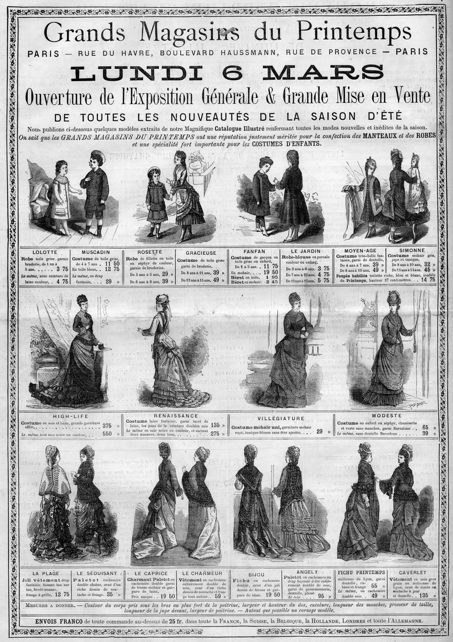 Annoncering for åbningen af den generelle udstilling og salg af sommersæsonens nytilkomne (sommerkollektion) i Printemps stormagasiner i Paris. Gravering i "" L