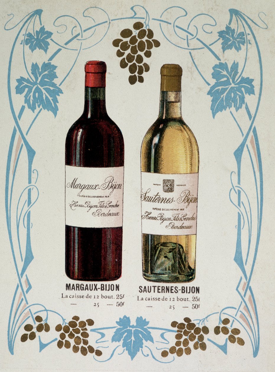 Annoncering for salg af vin Margaux-Bijon (Margaux Bijon) og Sauternes-Bijon (Sauternes Bijon), 25 frs af de 12 flasker, 50 frs den 25. af French School