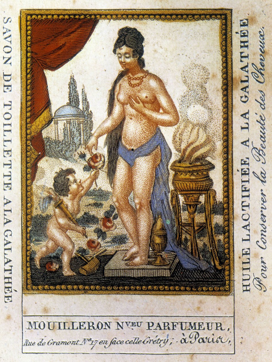 Reklameetiket for galathy lactified oil "til at bevare hårets skønhed" Parfumer Mouilleron af French School