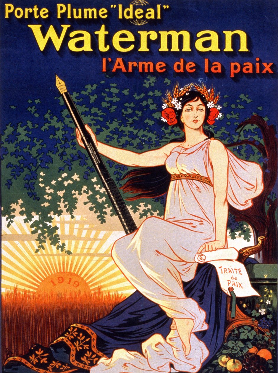 Reklameplakat for "Ideal Waterman Fountain Holder, the Weapon of Peace"" (en kvinde med fredstraktaten og en Waterman Feather"). Litografi 1919. af French School