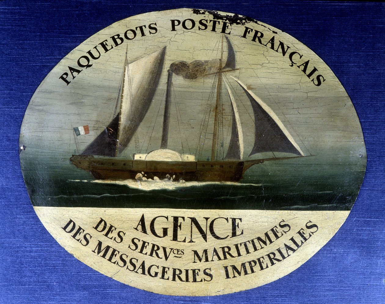 Reklameskilt for fransk postlinje, agentur for maritime tjenester for imperiale kurerer - maleri på træ, slutningen af det 19. århundrede af French School