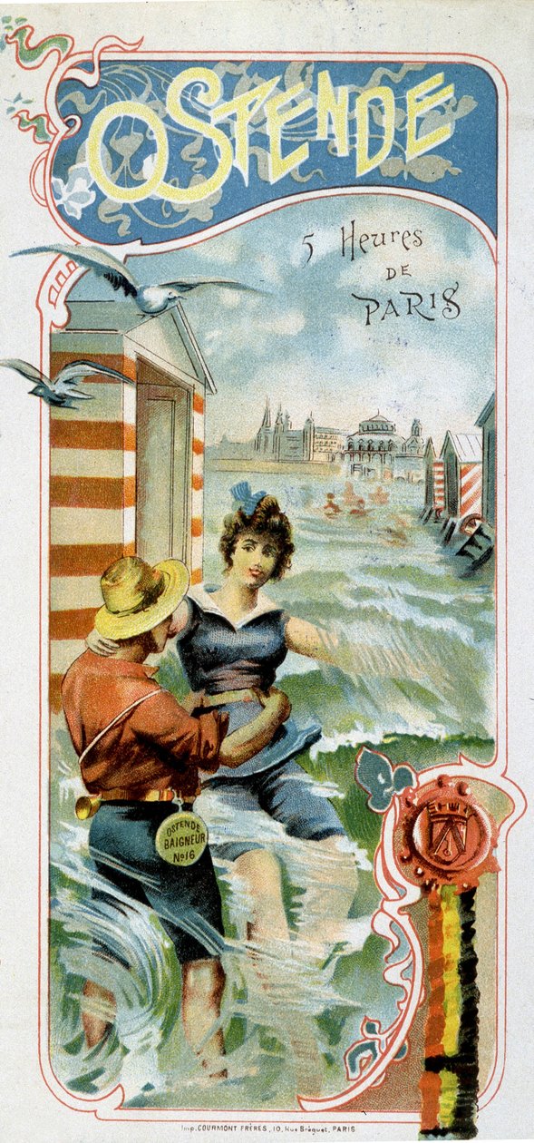 Annoncering for at komme til Oostende (Belgien) fra Paris: Oostende: 5 timer fra Paris, ca. 1900 (kromolitografi) af French School